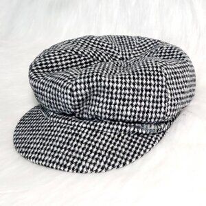 00's Vintage Baker Boy Hat allover houndstooth print black white wool feel osfm